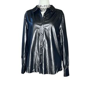 C EST 1946 Faux Leather Black Womens Collared Shacket Jacket Oversized Shirt L